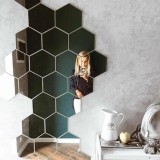 Set 12 Oglinzi Hexagonale Autoadezive Argintii, PVC, 10cm, Decor Modern, Tapet Oglinda, Usor de Aplicat