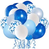 Set 16 baloane din latex metalizate, flippy, model party, 30 cm, alb, albastru, albastru chrome, transparent confetti 2.8 g