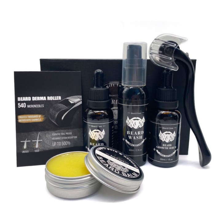 Set Premium Stimulare Crestere si Intretinere Barba |Sampon, Ulei Stimulant,Ulei Hidratant, Ceara si Rola Dermatologica|Ingrediente Naturale