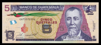 GUATEMALA █ bancnota █ 5 Quetzales █ 2020 █ P-122A █ UNC █ necirculata foto