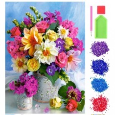 Set de broderie cu diamante 5D, model Flori, 30x40 cm, accesorii incluse, multicolor