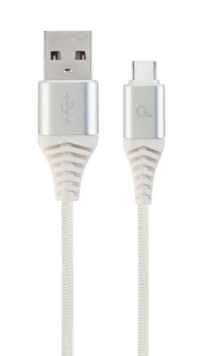 CABLU alimentare si date GEMBIRD, pt. smartphone, USB 2.0 (T) la USB 2.0 Type-C (T), 2m, premium, impletire din bumbac, argintiu cu insertii albe, &amp;quot;CC foto