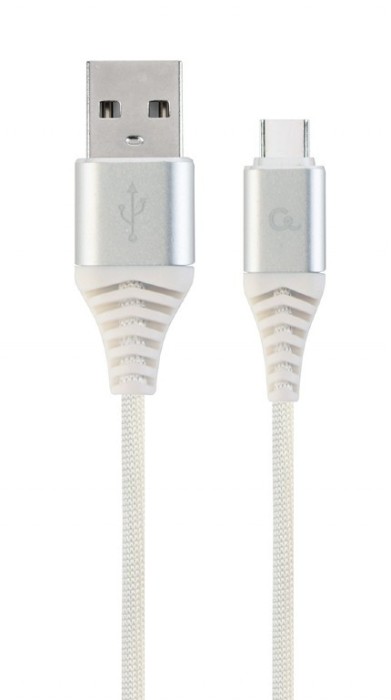 CABLU alimentare si date GEMBIRD, pt. smartphone, USB 2.0 (T) la USB 2.0 Type-C (T), 2m, premium, impletire din bumbac, argintiu cu insertii albe, &quot;CC