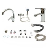 Set baterii baie si bucatarie 3 in 1, baterie cada cu para dus si furtun, baterie lavoar, baterie chiuveta bucatarie, monocomanda, crom lucios, aliaj