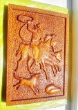 G382-Aplica Cowboy pe Cal cu Caine prinzand Vita-Artizanat Romania sculptura in lemn masiv perioada RSR stare foarte buna buna de conservare.