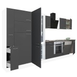 Mobilă de bucătărie Yorki 370, corp alb, față antracit satinat, element cuptor inferior, dulap cu rafturi și frigider congelator inferior