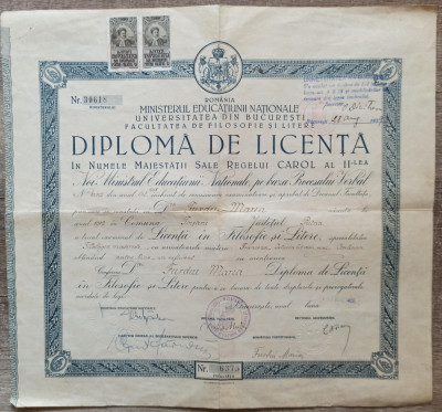 Diploma de licenta in Filosofie si Litere// Focsani, judetul Putna, 1939 foto