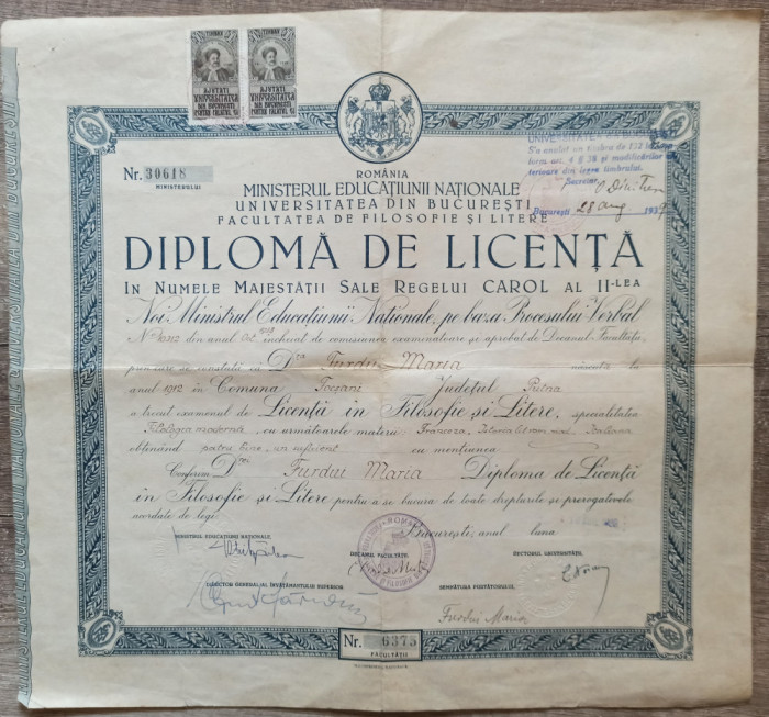 Diploma de licenta in Filosofie si Litere// Focsani, judetul Putna, 1939