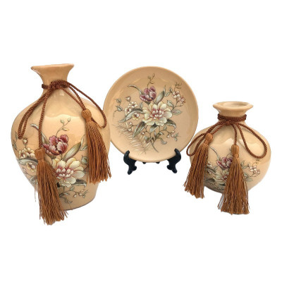 Set 2 vaze decorative si farfurie din ceramica, Flori, Crem, 446H-3 foto
