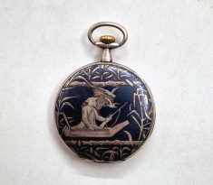 ANCRE Elvetia ceas de buzunar din argint cu capac din email scena de vanatoare 15 rubine 1910s Levees Visibles Spiral Breguet functional servisat