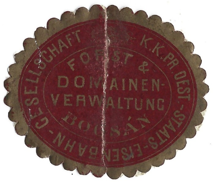 A3285N Marcă KK Pr Oest-Staats-Eisenbahn-Gesellschaft Forst &amp; Domainen-Verwaltung Bocs&aacute;n, Bocșa