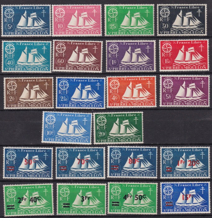 St.Pierre si Miquelon 1942/47 navigatie corabii MI 299-312/330-337 MNH