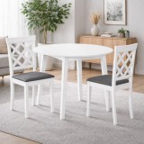 Set masa living plianta Philadelphia, MDF, lemn masiv, rotunda, 55 90 x 90 x 74,8 cm si 2 scaune Vienna, tapiterie stofa, 94x49x40 cm, alb