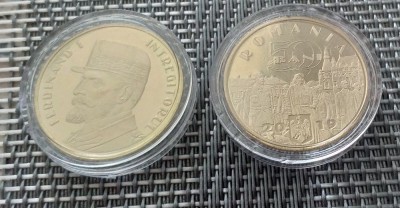 Lot 2 buc 50 Bani 2019 Ferdinand I si Vizita Papei in Caps Transp UNC foto