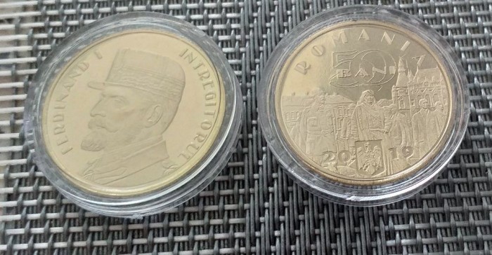 Lot 2 buc 50 Bani 2019 Ferdinand I si Vizita Papei in Caps Transp UNC