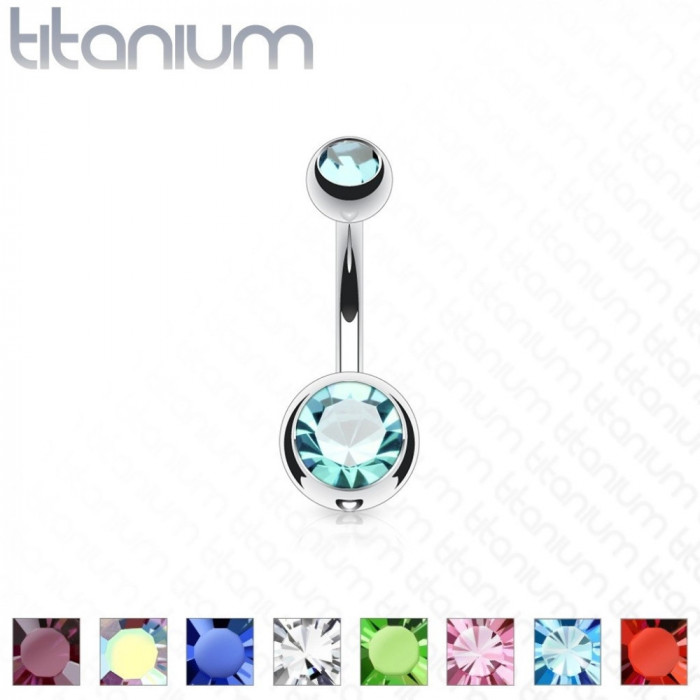 Piercing din titan pentru buric, două pietre colorate, lungime 12 mm - Culoare zirconiu piercing: Albastru deschis - Q