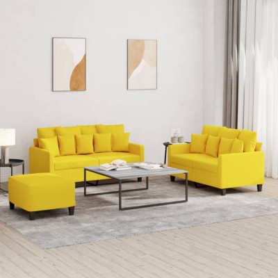 vidaXL Set de canapele cu perne, 3 piese, galben deschis, textil foto