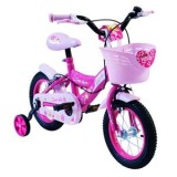 Bicicletă pentru copii, 12 inch, roz, cu coș și roți ajutătoare, CMCLASS