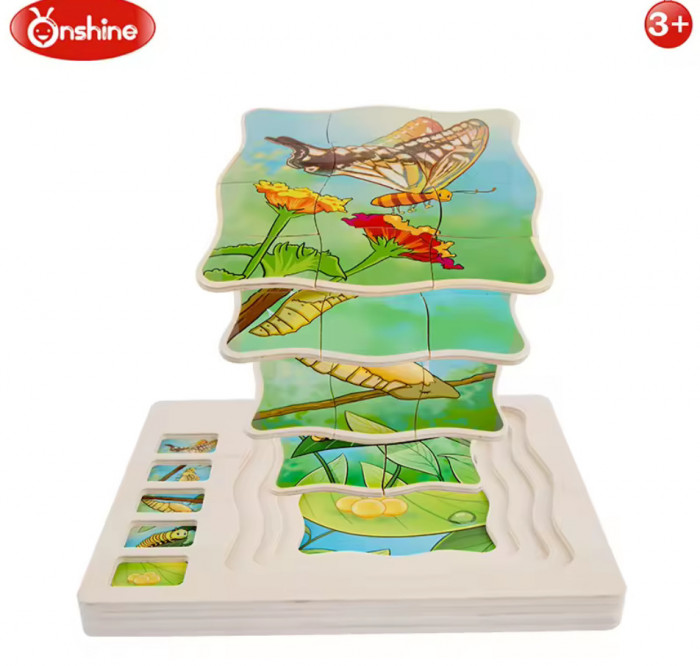 Puzzle din lemn in 5 straturi cu ciclul de viata al fluturelui, 22x18x2cm