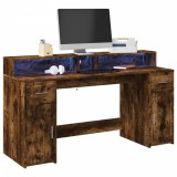 VidaXL Birou cu lumini LED stejar fumuriu 160x55x91 cm lemn prelucrat