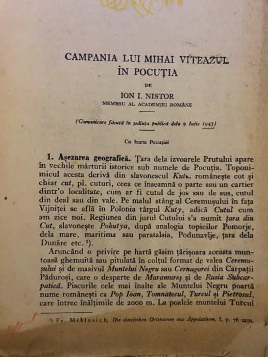 Ion I. Nistor, Campania lui Mihai Viteazul in Pocutia, comunicare 1943