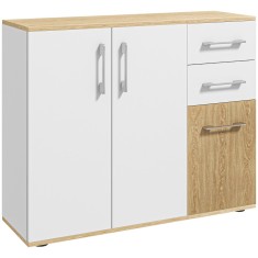 HOMCOM Bufet de Bucătarie cu 2 Sertare 2 Dulapuri și Rafturi Ajustabile pentru Sufragerie 90x30x75,5 cm Alb și Natural | Aosom Romania