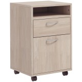HOMCOM Dulap de Birou cu 4 Roți, Raft Deschis, 2 Sertare, Mobilier de Birou din Lemn și Metal, 40x35x60 cm, Lemn Natural | Aosom Romania