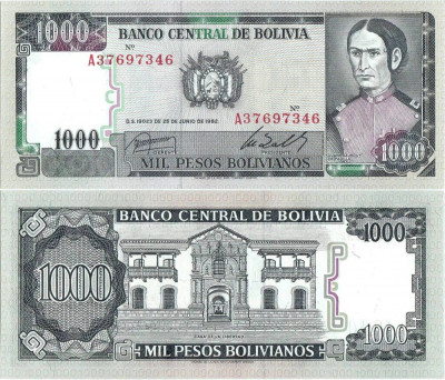 1982 ( 25 VI ) , 1,000 pesos bolivianos ( P-167a.1 ) - Bolivia - stare UNC foto