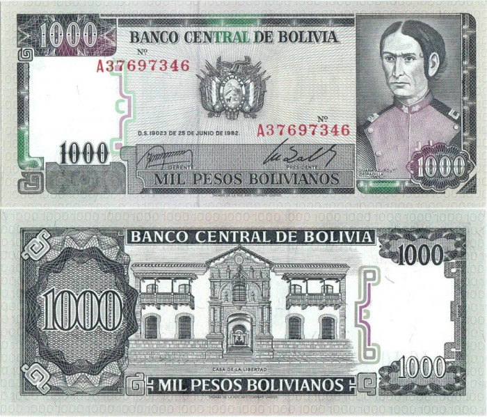 1982 ( 25 VI ) , 1,000 pesos bolivianos ( P-167a.1 ) - Bolivia - stare UNC