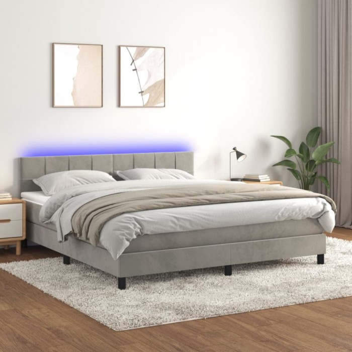 vidaXL Pat cu arcuri, saltea și LED, gri deschis, 180x200 cm, catifea 3134417