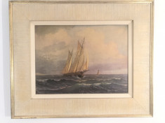 Tablou vechi,litografie cu tema maritima,corabie pe mare foto
