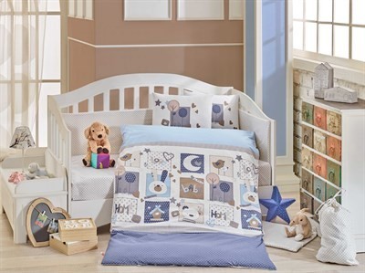 Lenjerie Pătuț Bebe - Bumbac 100% - Hobby Home - Sweet Home Blue - HBB-15 Lenjerie Pătuț Bebe - Bumbac 100% - Hobby Home - Sweet Home Blue - HBB-15