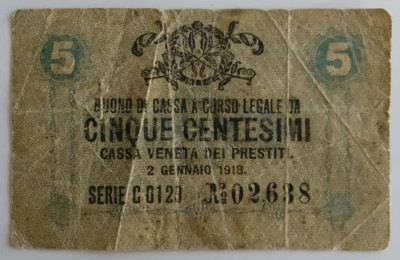 Bancnota Italia - 5 Centesimi 1918 - Ocupatie Austro-Ungara foto