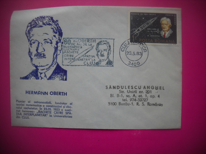 HOPCT PLIC 4128 HERMAN OBERTH -RACHETA SPRE SPATIU/COSMOS -1983 CLUJ