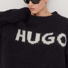 HUGO pulover de lana femei, culoarea negru, călduros