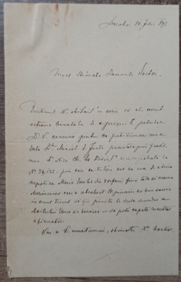 Scrisoare olografa Sigismund Chernbach, medicul sef al orasului Dorohoi, 1893 foto