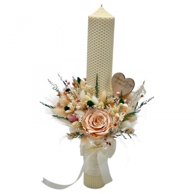 Lumanare pentru cununie botez, 40 cm, cu flori criogenate si plante uscate (personalizabila cromatic si cu text) foto