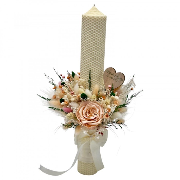 Lumanare pentru cununie botez, 40 cm, cu flori criogenate si plante uscate (personalizabila cromatic si cu text)