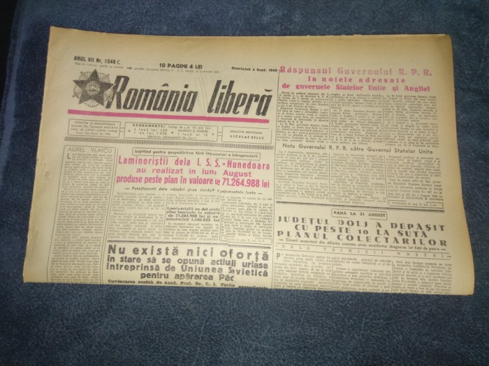 ZIARUL ROMANIA LIBERA 4 SEPTEMBRIE 1949