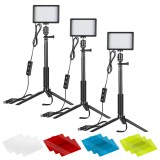 Kit 3 mini panouri LED Neewer, lumina ajustabila din filtre, cap bila 360 grade inclus, trepiezi-stativi reglabili 116 cm, 12 filtre de culoare multic