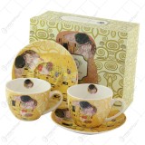 Set 2 cani cu farfurii din portelan 280 ml &bdquo;The Kiss&rdquo; de Gustav Klimt, Ecru, in cutie decorativa