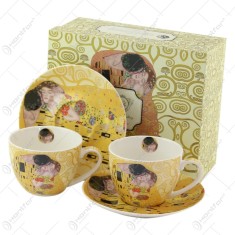 Set 2 cani cu farfurii din portelan 280 ml &bdquo;The Kiss&rdquo; de Gustav Klimt, Ecru, in cutie decorativa