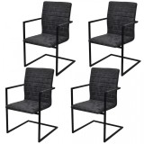 Scaune de bucătărie cantilever striate cu brațe, 4 buc, negru, vidaXL