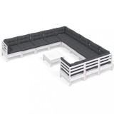 Set mobilier gradina cu perne, 12 piese, alb, lemn de pin