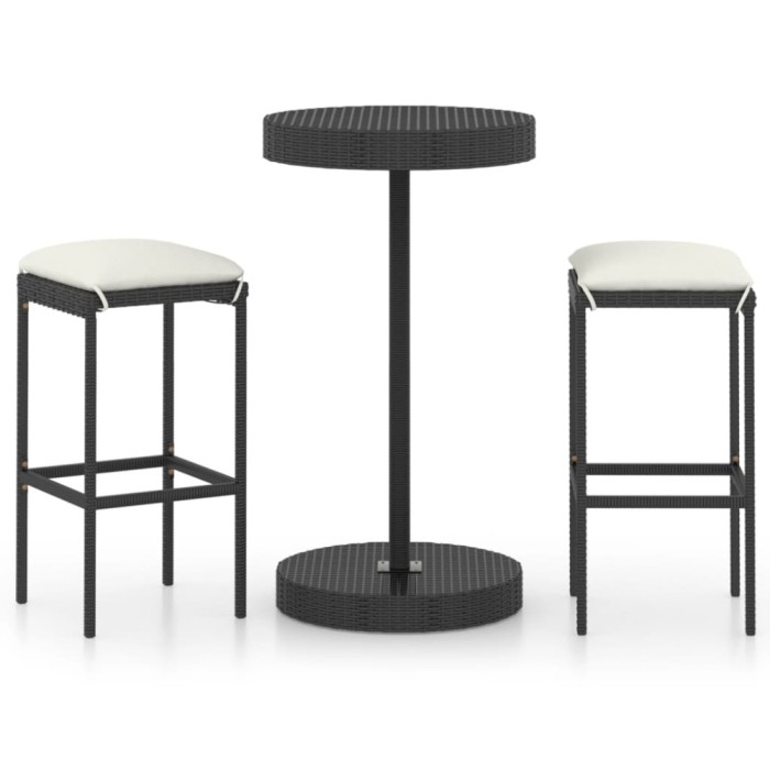 Set mobilier bar de gradina cu perne, 3 piese, negru, poliratan