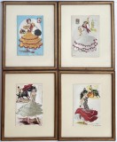 Flamenco - set de 4 tablouri decorative cu ilustrate vintage avand rochii brodate cu matase in relief, tehnica mixta, 18 x 23cm fiecare