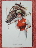 Carte postala, femeie si cal, 1925