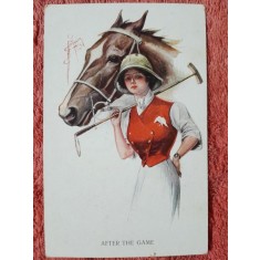 Carte postala, femeie si cal, 1925