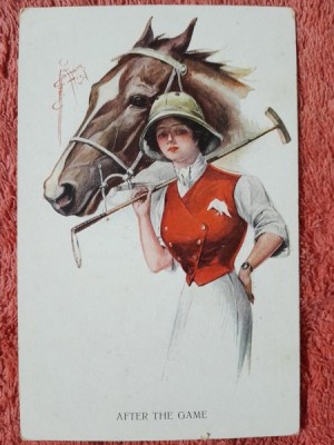 Carte postala, femeie si cal, 1925 foto