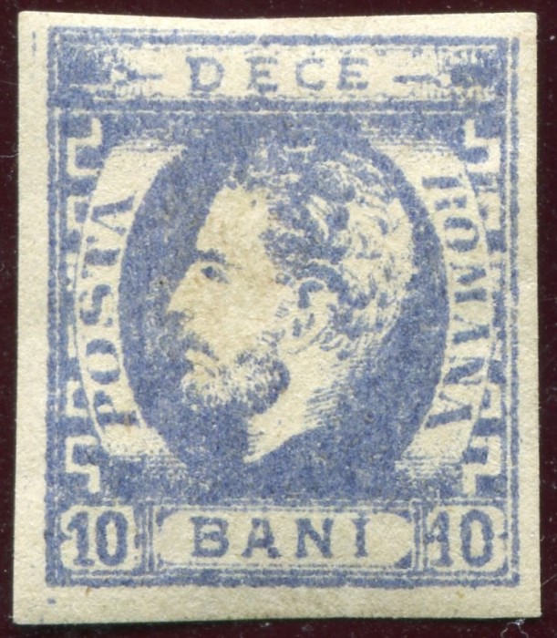 1872 , Lp 31 c , Carol I cu barba , 10 Bani ultramarin , impresiune defectuoasa - MLH